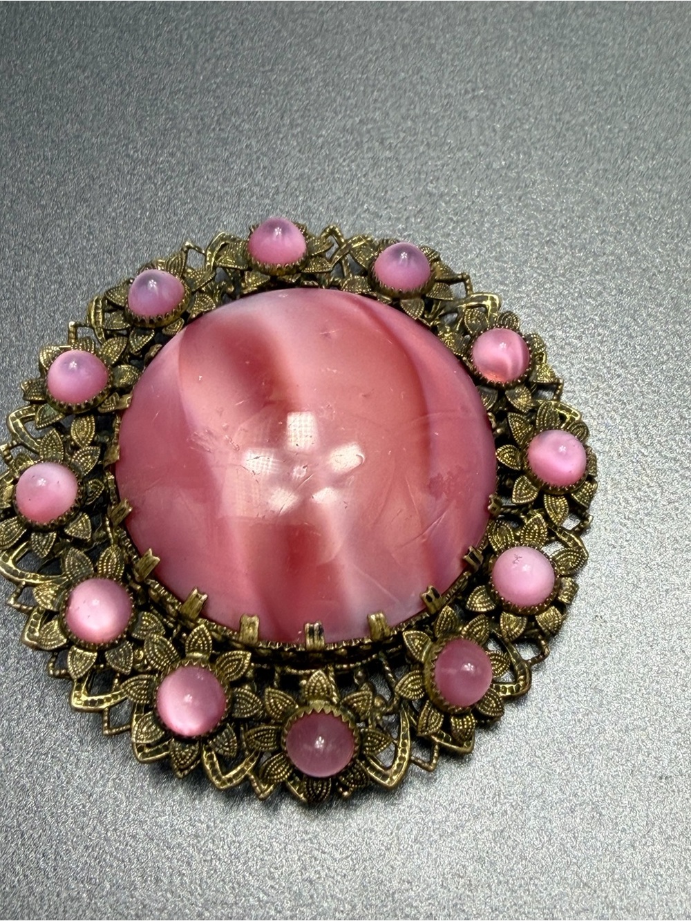 Pink Vintage Czech Filigree Brooch #cz97